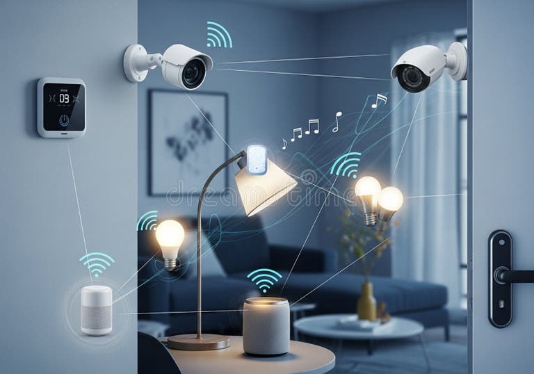 Smart home interior showing interconnected security and AV devices